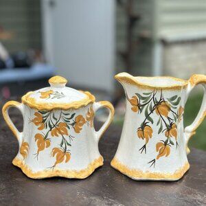 Vintage Cash Family Pottery Creamer & Sugar Orange Yellow Green Floral Erwin TN